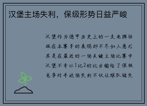 汉堡主场失利，保级形势日益严峻