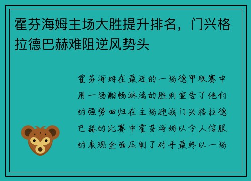 霍芬海姆主场大胜提升排名，门兴格拉德巴赫难阻逆风势头